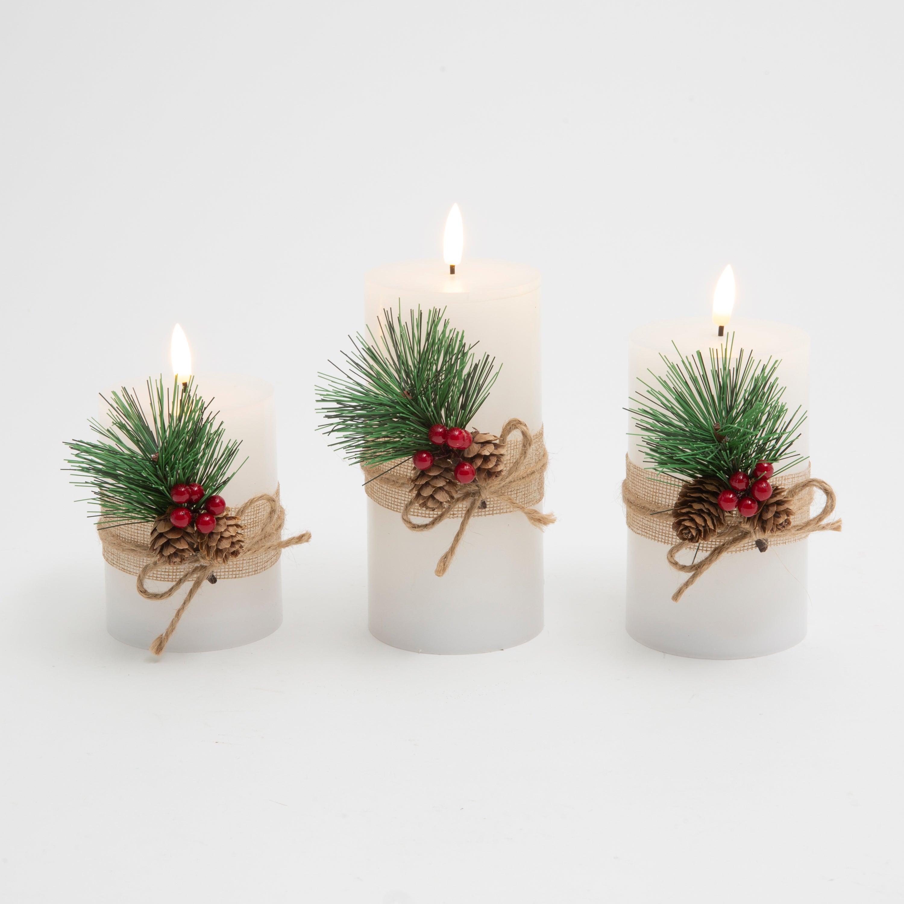 Estate style Battery Operated Lighted LED Flameless Wax  Candles with Berries and Pinecones
